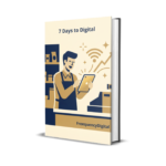 Man behind a counter, holding a tablet, smiling as he sees his business sales going up