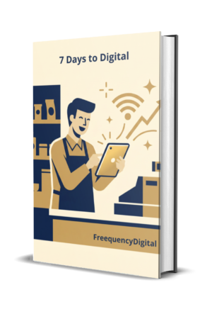Man behind a counter, holding a tablet, smiling as he sees his business sales going up