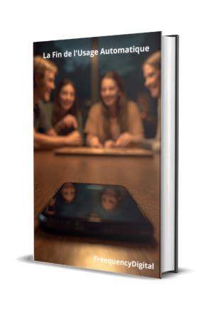 Groupe de personnes en train de discuter et jouer à un bout de la table, tandis qu'à l'autre bout un téléphone posé reflète leurs visages