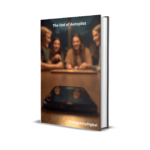 Group of people chatting and playing a board game at one end of the table, while a phone lying at the other end reflects their faces