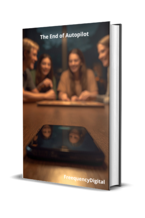 Group of people chatting and playing a board game at one end of the table, while a phone lying at the other end reflects their faces