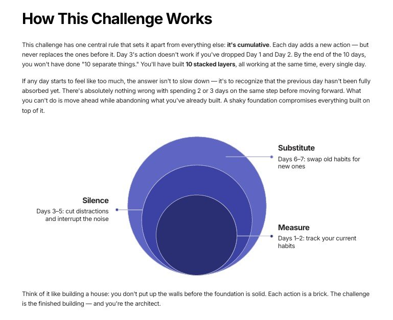 Guide preview — page explaining the challenge's cumulative structure in 4 stages (Measure, Silence, Substitute, Consolidate)