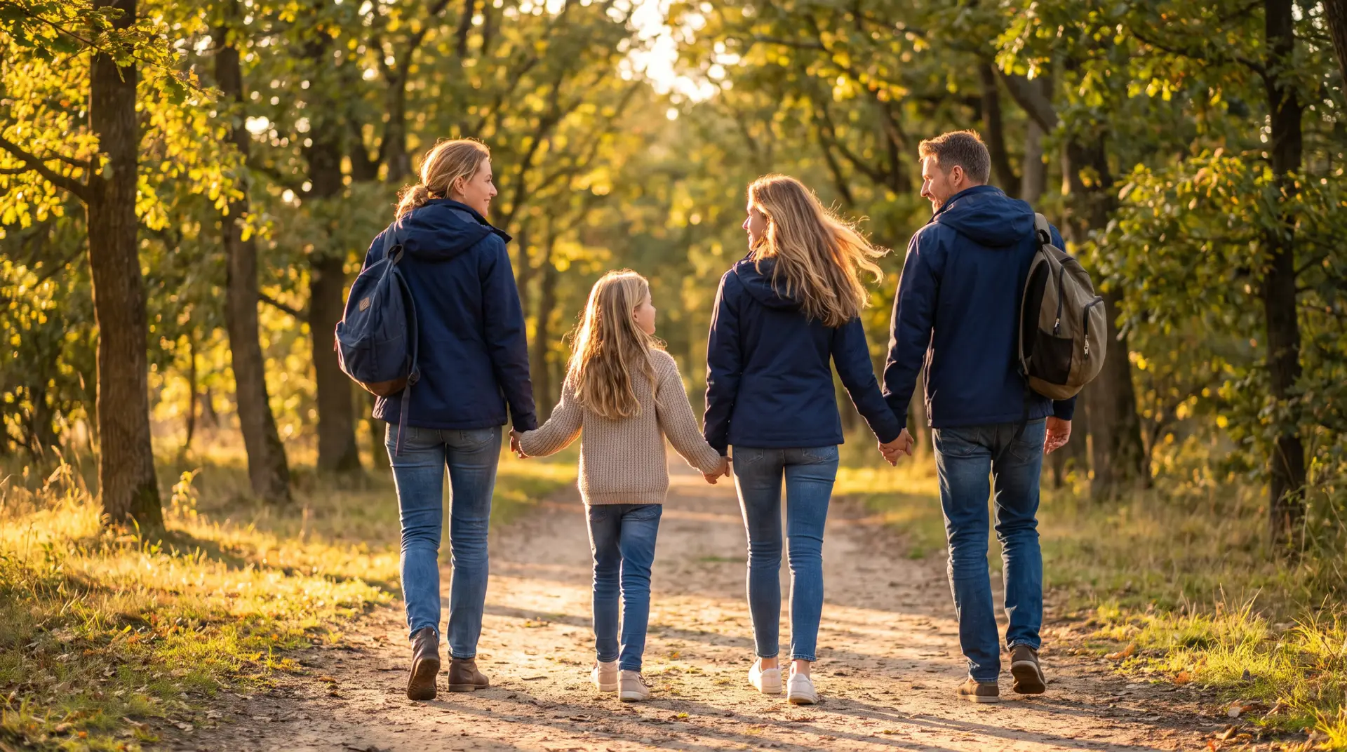 Family walking together on a path at sunset, holding hands — Freequency.digital