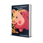 Piggy bank "eating" coins scattered around it, symbolizing the money that leaks out of the budget