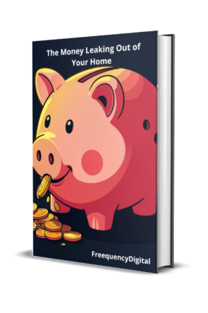 Piggy bank "eating" coins scattered around it, symbolizing the money that leaks out of the budget